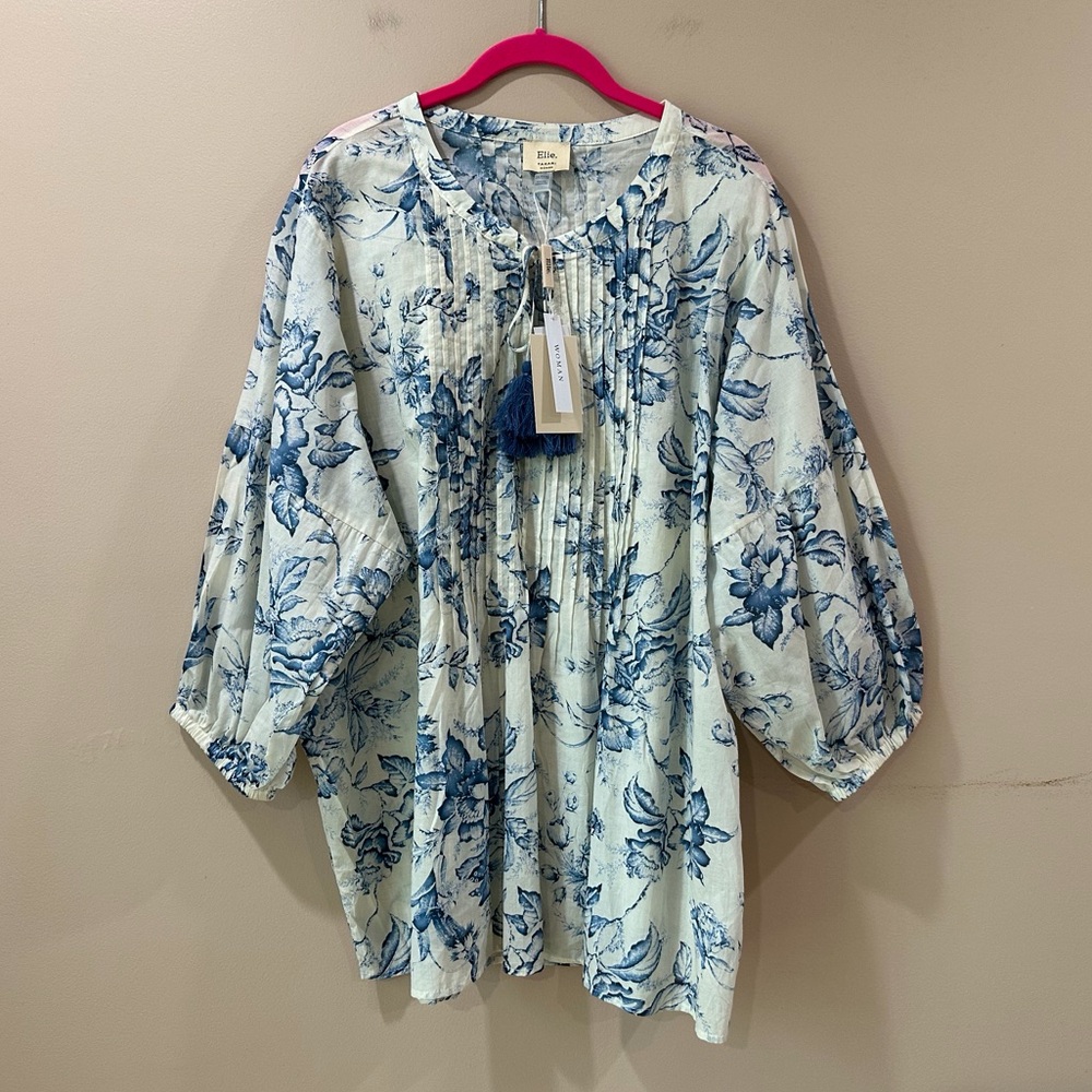NWT Elie Tahari Blue White Floral Peasant Blouse Tassel Tie Pintuck Womens 3X